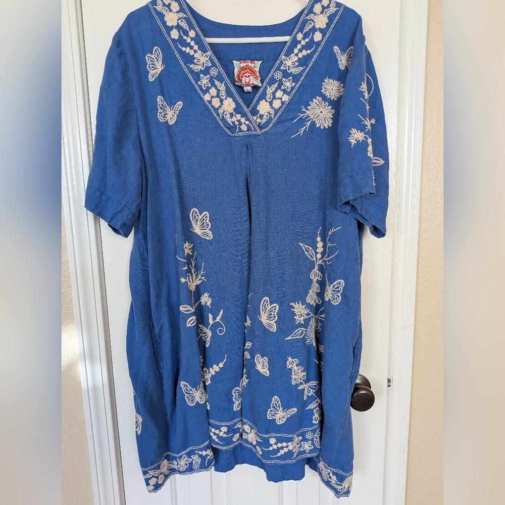 Embroidered Blue Women's Linen Dress - Picture 2 of 2